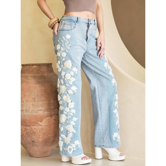 Floral Embroidered High Rise Baggy Jeans - Picture 1 of 8